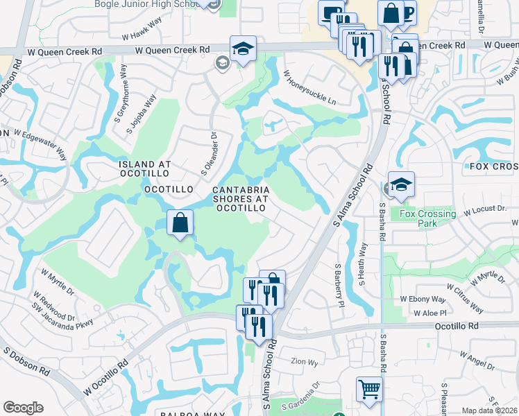 map of restaurants, bars, coffee shops, grocery stores, and more near 1383 West Indigo Drive in Chandler