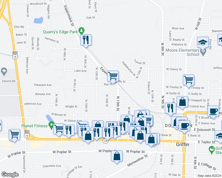 map of restaurants, bars, coffee shops, grocery stores, and more near 723 Randall Street in Griffin
