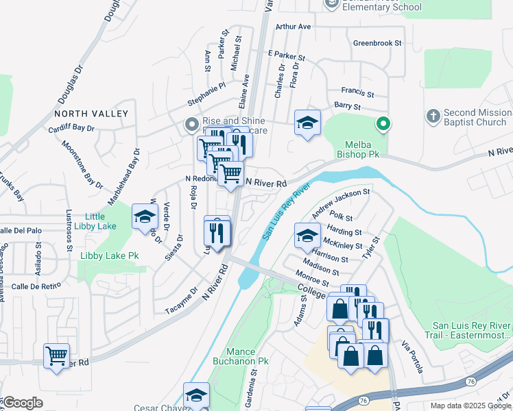 map of restaurants, bars, coffee shops, grocery stores, and more near 5076 Tranquil Way in Oceanside