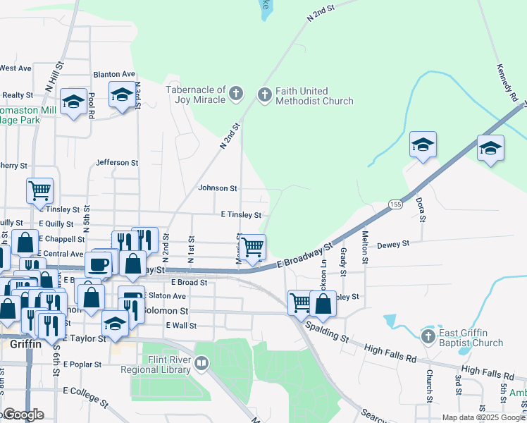 map of restaurants, bars, coffee shops, grocery stores, and more near 823 East Tinsley Street in Griffin