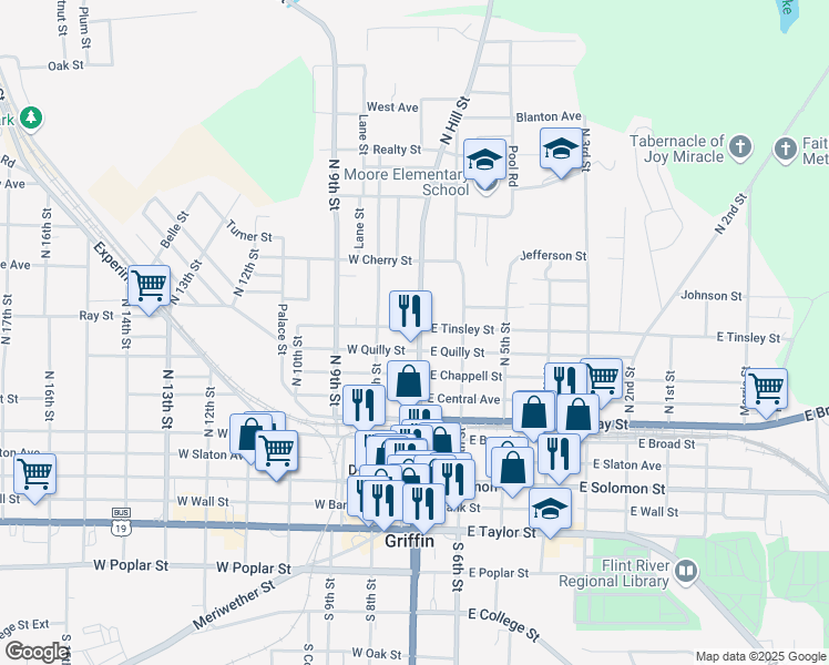 map of restaurants, bars, coffee shops, grocery stores, and more near 106 West Tinsley Street in Griffin