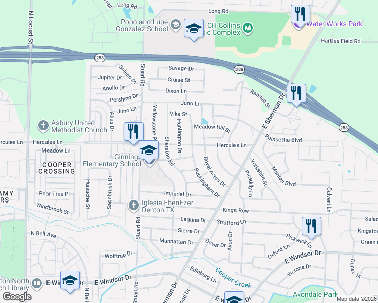 map of restaurants, bars, coffee shops, grocery stores, and more near 2604 Buckingham Drive in Denton
