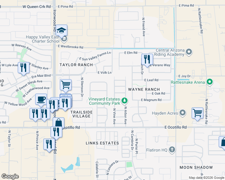 map of restaurants, bars, coffee shops, grocery stores, and more near 41210 North Vine Avenue in Queen Creek