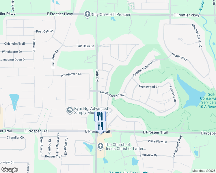 map of restaurants, bars, coffee shops, grocery stores, and more near 1520 Rock Ridge Dr in Prosper