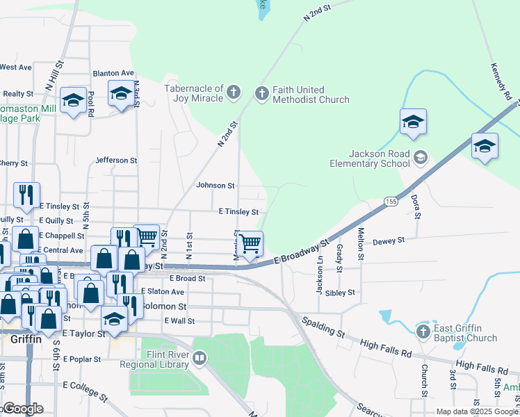 map of restaurants, bars, coffee shops, grocery stores, and more near 823 East Tinsley Street in Griffin