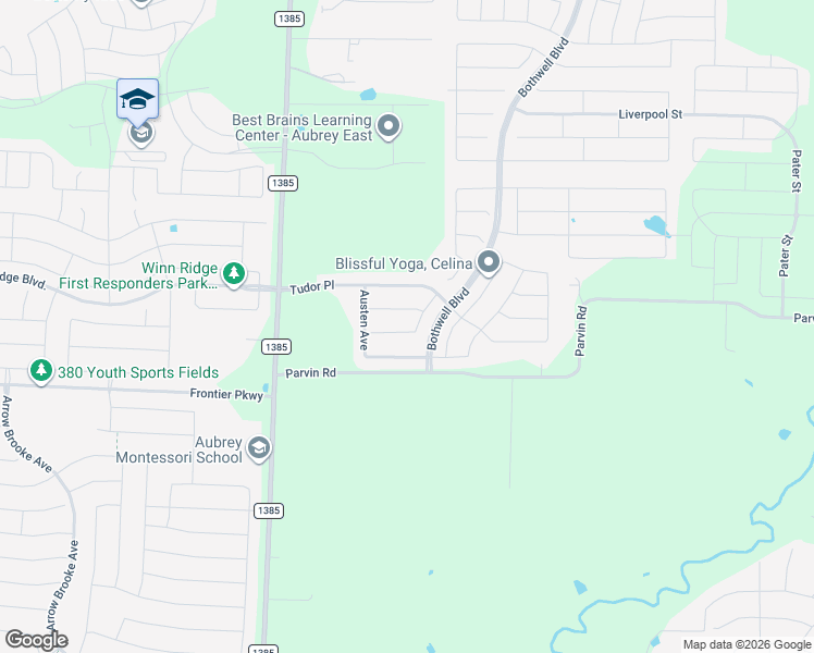 map of restaurants, bars, coffee shops, grocery stores, and more near 6405 Windsor Lane in Krugerville