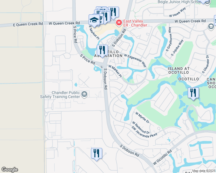 map of restaurants, bars, coffee shops, grocery stores, and more near 3550 South Hollyhock Place in Chandler