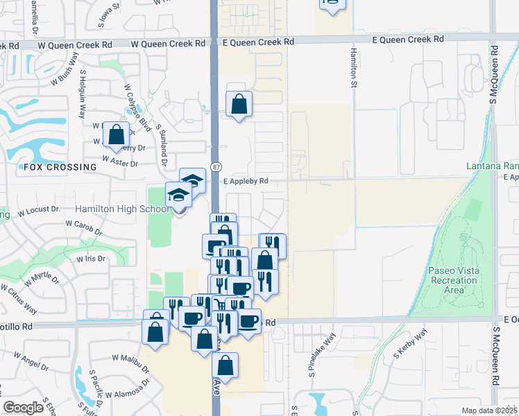 map of restaurants, bars, coffee shops, grocery stores, and more near 3566 South Colorado Street in Chandler