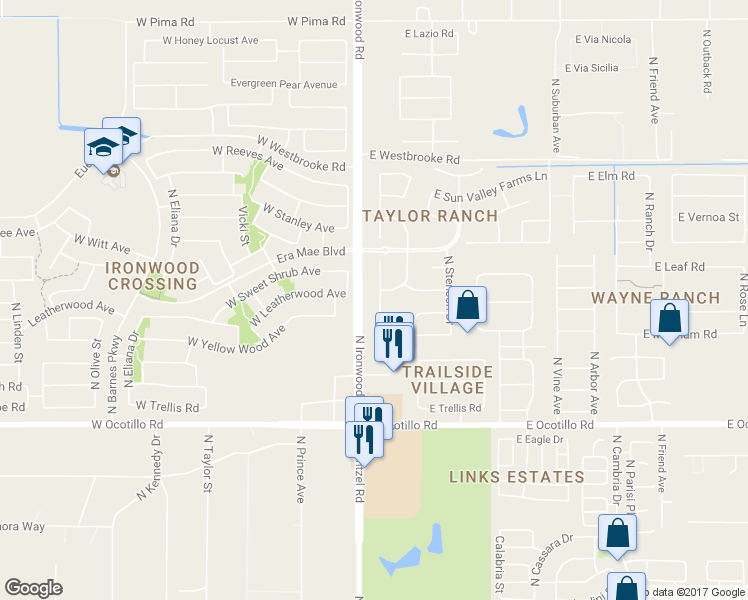 map of restaurants, bars, coffee shops, grocery stores, and more near 41232 North Salix Drive in Queen Creek