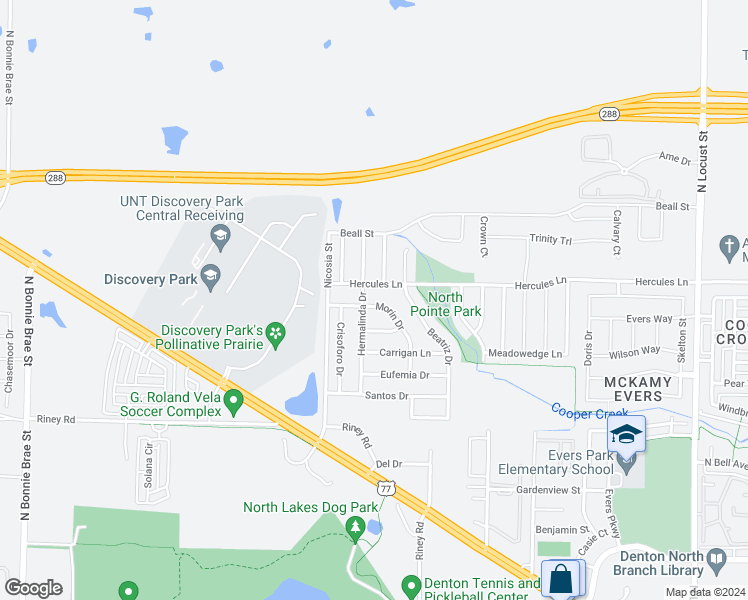 map of restaurants, bars, coffee shops, grocery stores, and more near 1532 Morin Drive in Denton