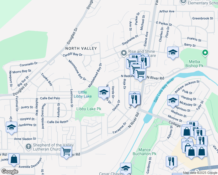 map of restaurants, bars, coffee shops, grocery stores, and more near 438 West Redondo Drive in Oceanside