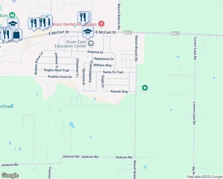 map of restaurants, bars, coffee shops, grocery stores, and more near 1627 Kawati Way in Krum