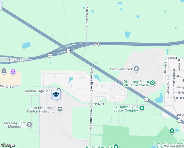 map of restaurants, bars, coffee shops, grocery stores, and more near North Bonnie Brae Street in Denton