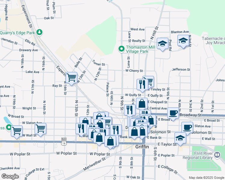 map of restaurants, bars, coffee shops, grocery stores, and more near 330 West Tinsley Street in Griffin