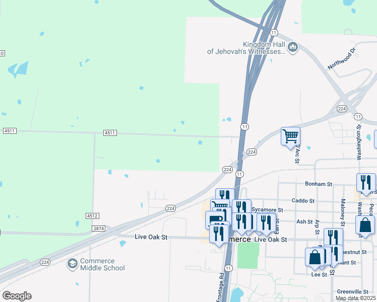 map of restaurants, bars, coffee shops, grocery stores, and more near 5877 County Road 4511 in Commerce