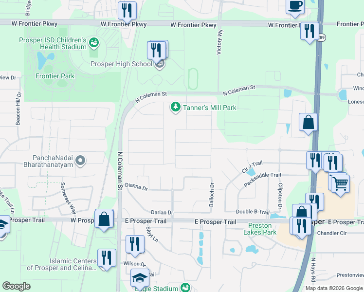map of restaurants, bars, coffee shops, grocery stores, and more near 540 Winslow Lane in Prosper