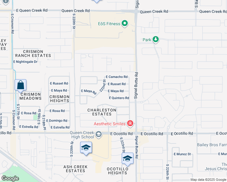 map of restaurants, bars, coffee shops, grocery stores, and more near 22263 East Maya Road in Queen Creek