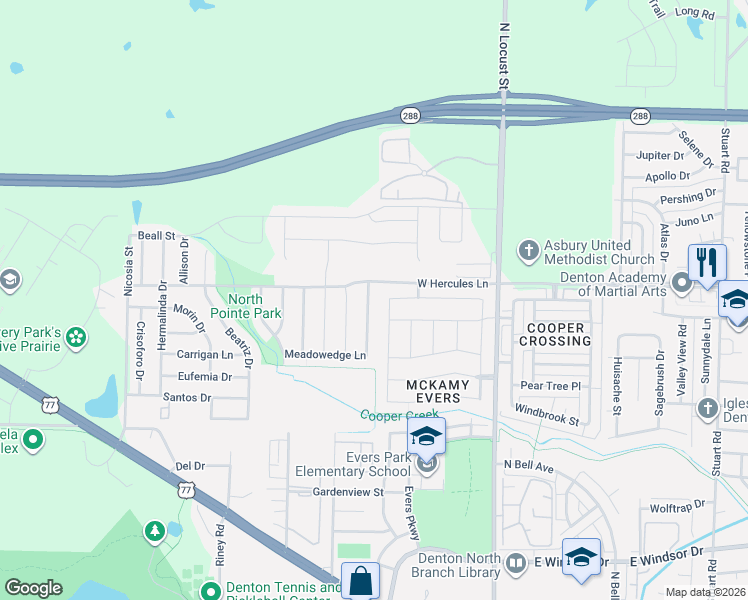 map of restaurants, bars, coffee shops, grocery stores, and more near 3700 Meadowtrail Lane in Denton