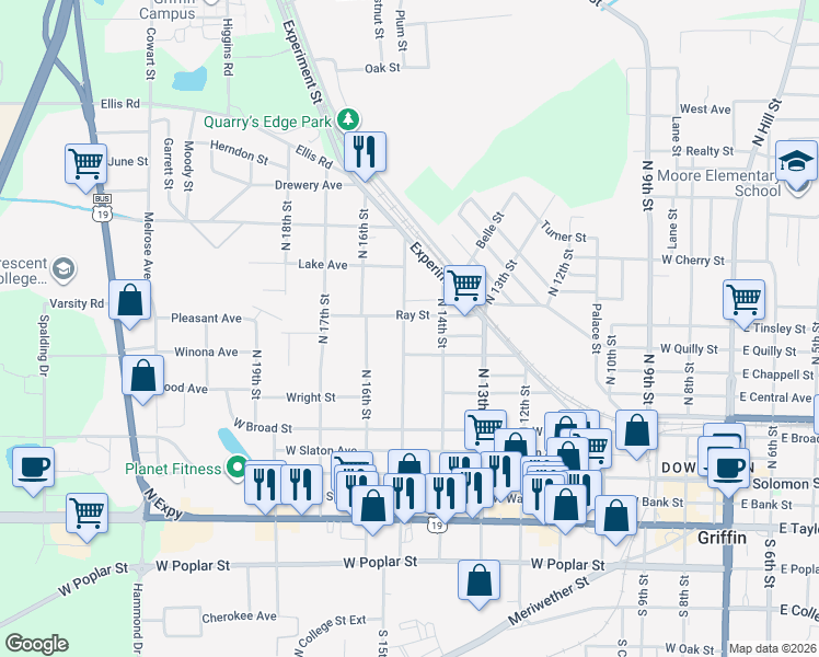 map of restaurants, bars, coffee shops, grocery stores, and more near 322 North 15th Street in Griffin