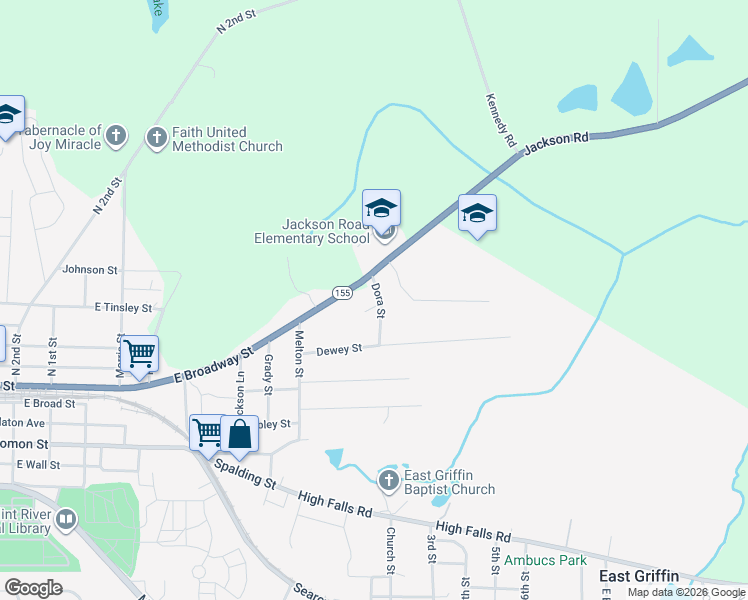map of restaurants, bars, coffee shops, grocery stores, and more near 421 Dora Street in Griffin
