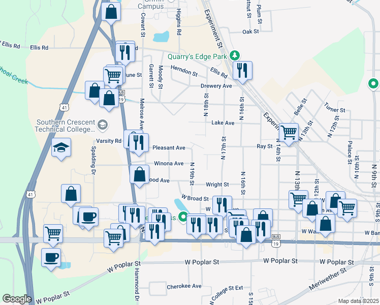 map of restaurants, bars, coffee shops, grocery stores, and more near 350 North 19th Street in Griffin
