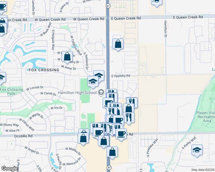 map of restaurants, bars, coffee shops, grocery stores, and more near South Arizona Avenue in Chandler