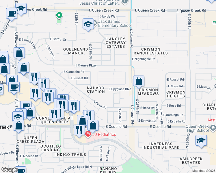 map of restaurants, bars, coffee shops, grocery stores, and more near 21439 East Maya Road in Queen Creek