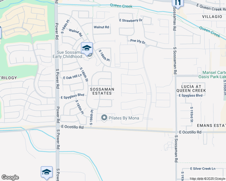 map of restaurants, bars, coffee shops, grocery stores, and more near 21499 South 187th Way in Queen Creek