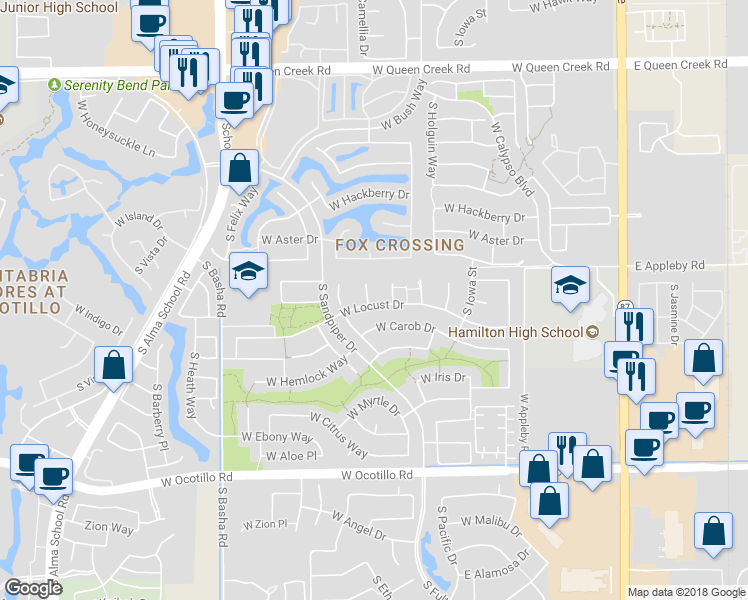 map of restaurants, bars, coffee shops, grocery stores, and more near 3563 South Cox Court in Chandler