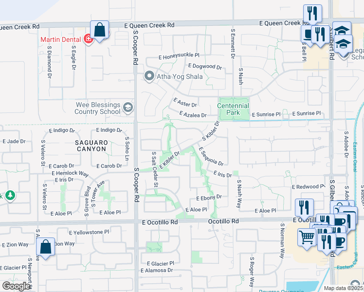 map of restaurants, bars, coffee shops, grocery stores, and more near 2233 East Jade Court in Chandler