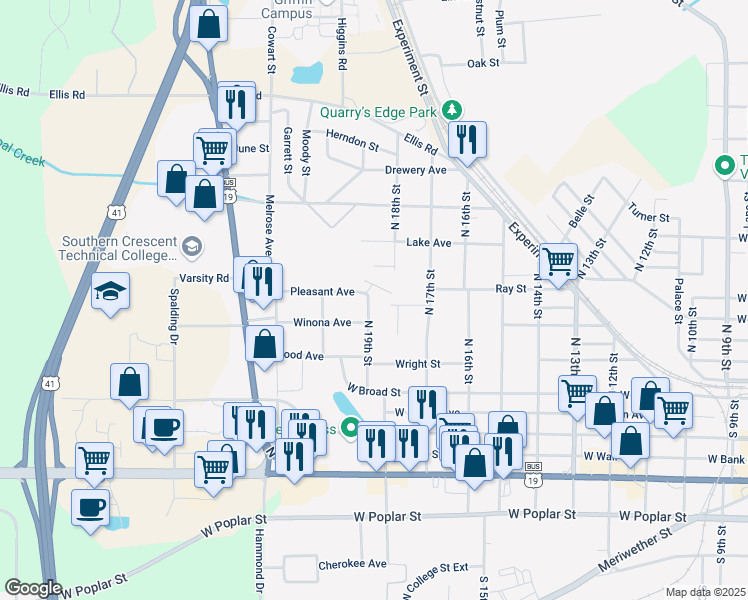 map of restaurants, bars, coffee shops, grocery stores, and more near 354 North 19th Street in Griffin