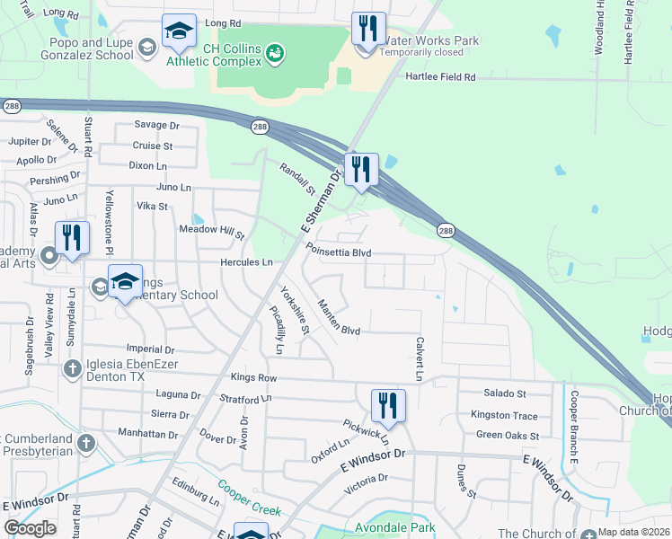 map of restaurants, bars, coffee shops, grocery stores, and more near 1501 La Mirada in Denton