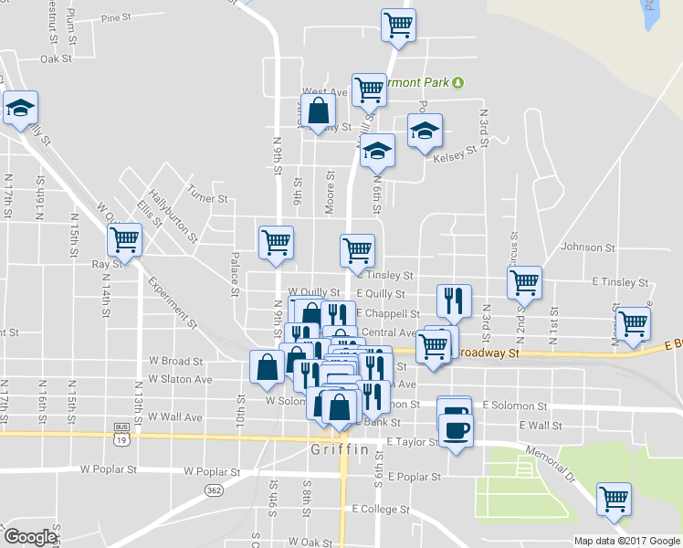 map of restaurants, bars, coffee shops, grocery stores, and more near 106 West Tinsley Street in Griffin