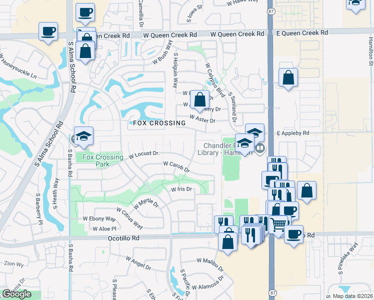 map of restaurants, bars, coffee shops, grocery stores, and more near 440 West Locust Drive in Chandler