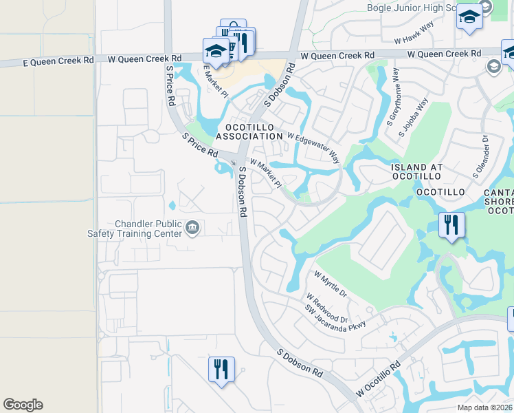 map of restaurants, bars, coffee shops, grocery stores, and more near 3550 South Hollyhock Place in Chandler