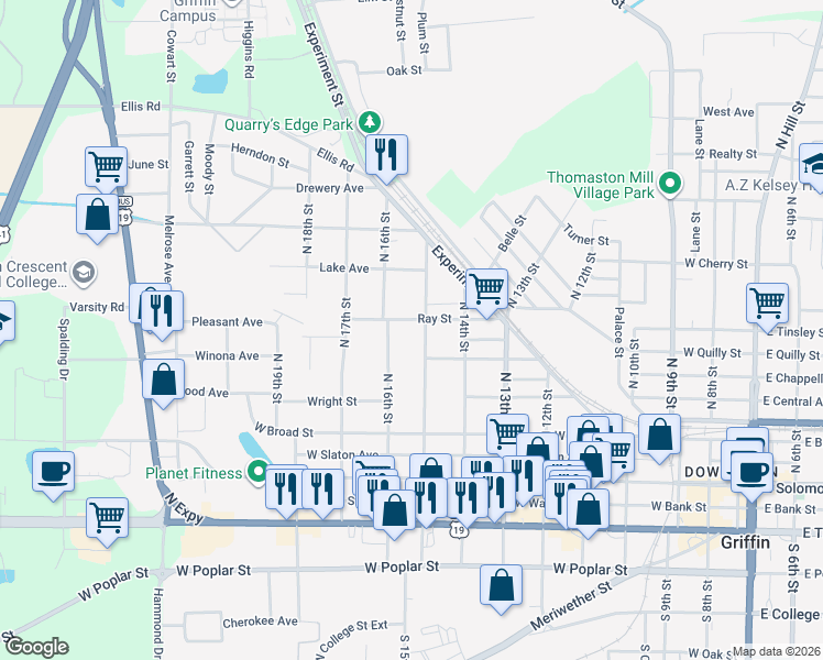 map of restaurants, bars, coffee shops, grocery stores, and more near 362 North 16th Street in Griffin