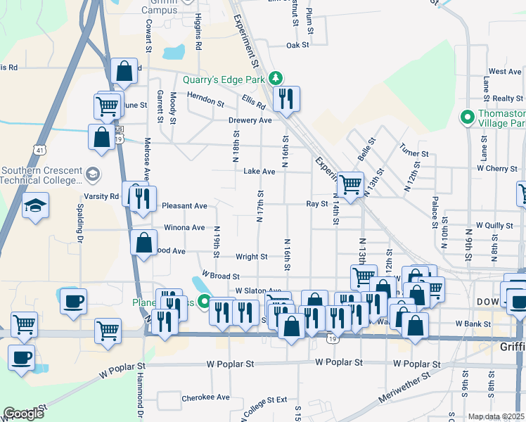 map of restaurants, bars, coffee shops, grocery stores, and more near 1026 Ray Street in Griffin