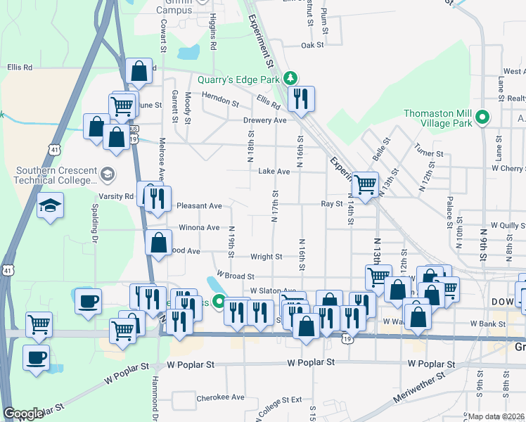 map of restaurants, bars, coffee shops, grocery stores, and more near 1115 Thompson Street in Griffin