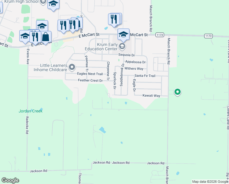 map of restaurants, bars, coffee shops, grocery stores, and more near 415 Spurlock Drive in Krum