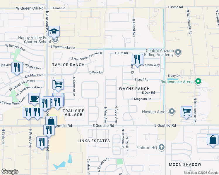 map of restaurants, bars, coffee shops, grocery stores, and more near 1130 East Oak Road in Queen Creek