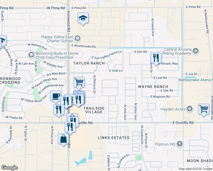map of restaurants, bars, coffee shops, grocery stores, and more near 725 East Quentin Lane in San Tan Valley