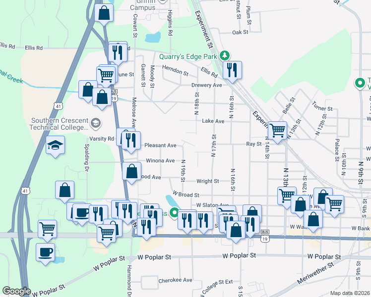 map of restaurants, bars, coffee shops, grocery stores, and more near 362 North 19th Street in Griffin