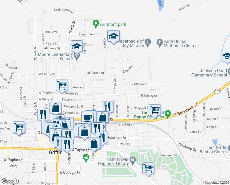 map of restaurants, bars, coffee shops, grocery stores, and more near 531 East Tinsley Street in Griffin