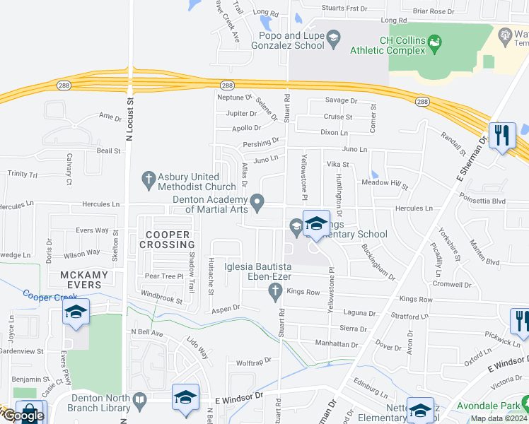 map of restaurants, bars, coffee shops, grocery stores, and more near 700 Hercules Lane in Denton