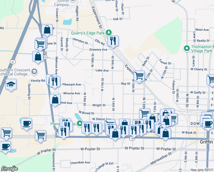 map of restaurants, bars, coffee shops, grocery stores, and more near 1026 Ray Street in Griffin