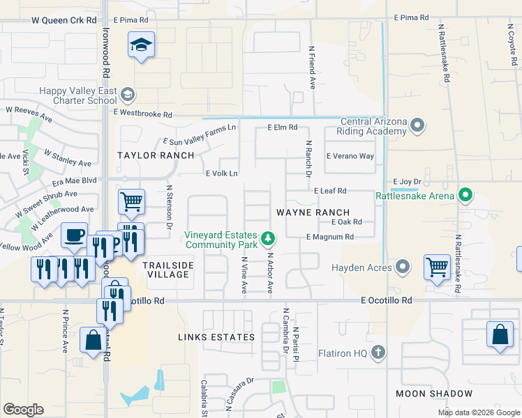 map of restaurants, bars, coffee shops, grocery stores, and more near 1109 East Estate Road in San Tan Valley