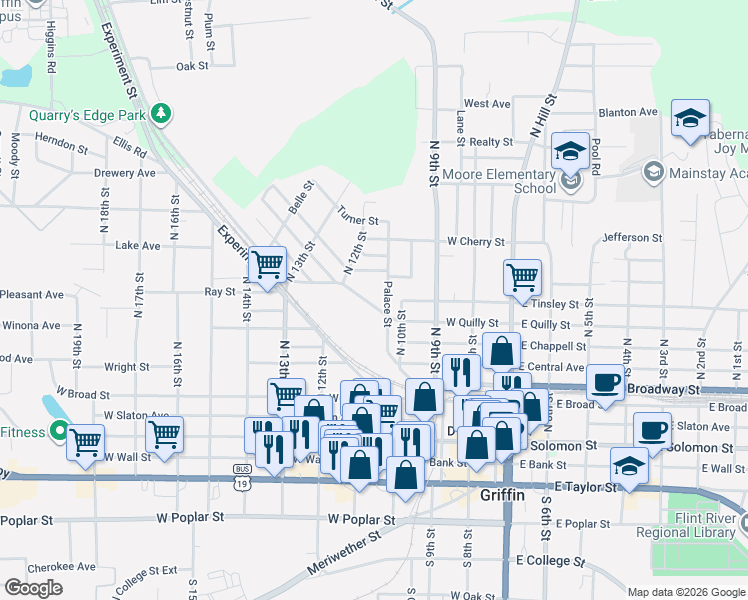 map of restaurants, bars, coffee shops, grocery stores, and more near 517 West Quilly Street in Griffin