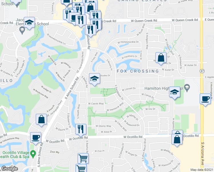 map of restaurants, bars, coffee shops, grocery stores, and more near 736 West Jade Drive in Chandler