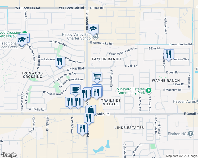 map of restaurants, bars, coffee shops, grocery stores, and more near 41309 North Palm Springs Trail in Queen Creek