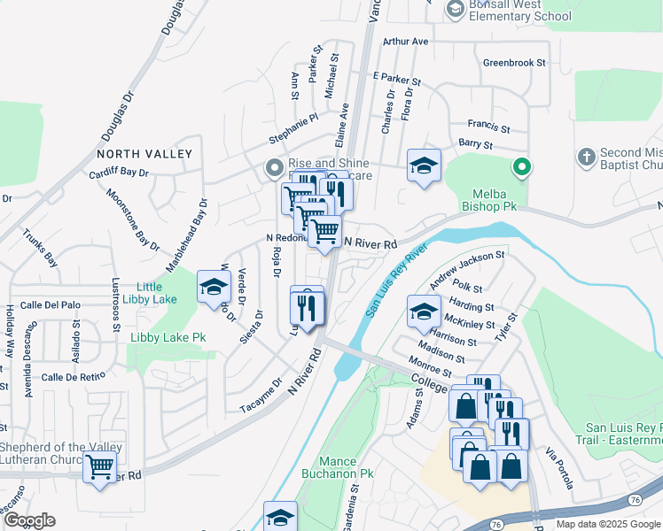 map of restaurants, bars, coffee shops, grocery stores, and more near 455 Vandegrift Boulevard in Oceanside